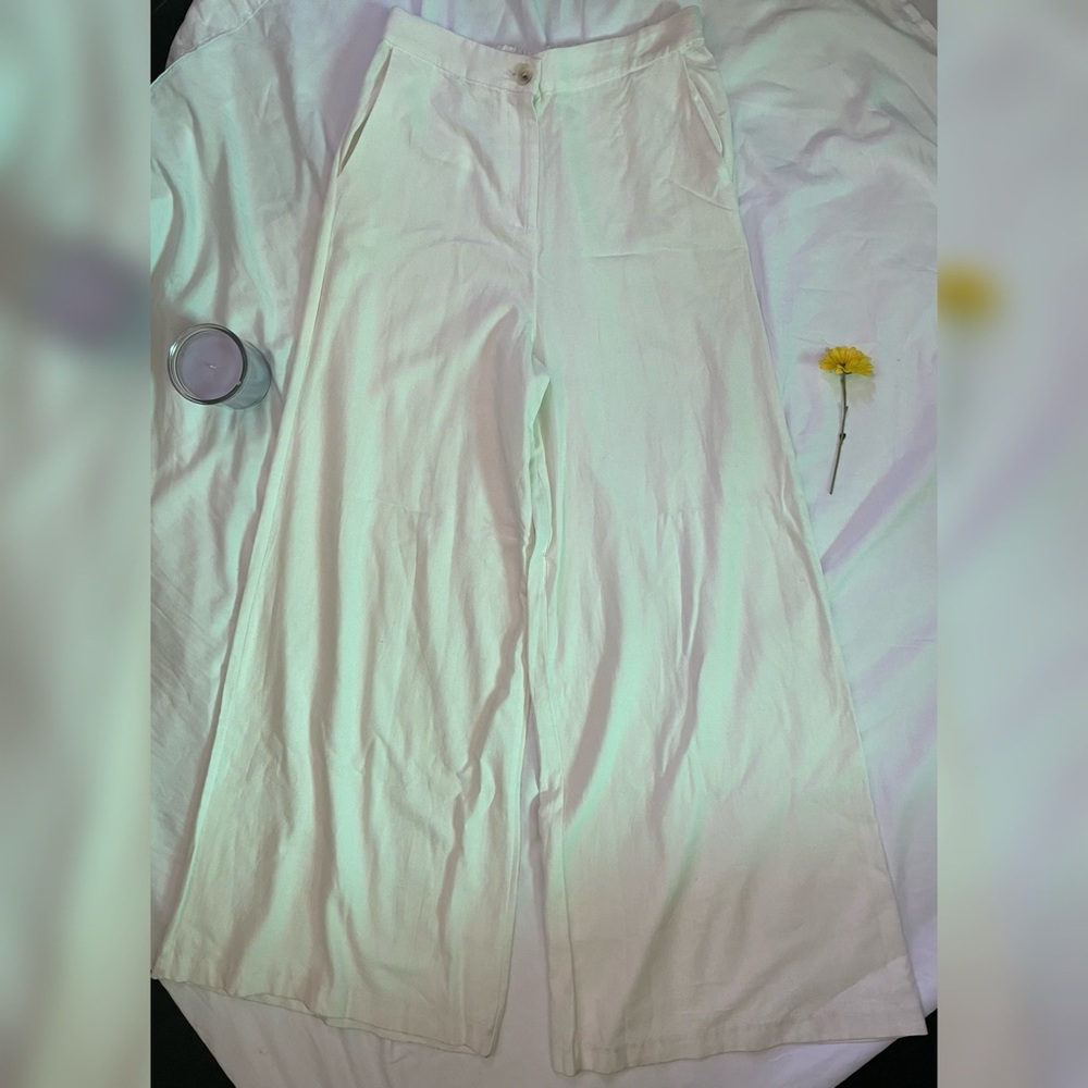 ISALIS Elegant White Cream Linen Wide-Leg Pants